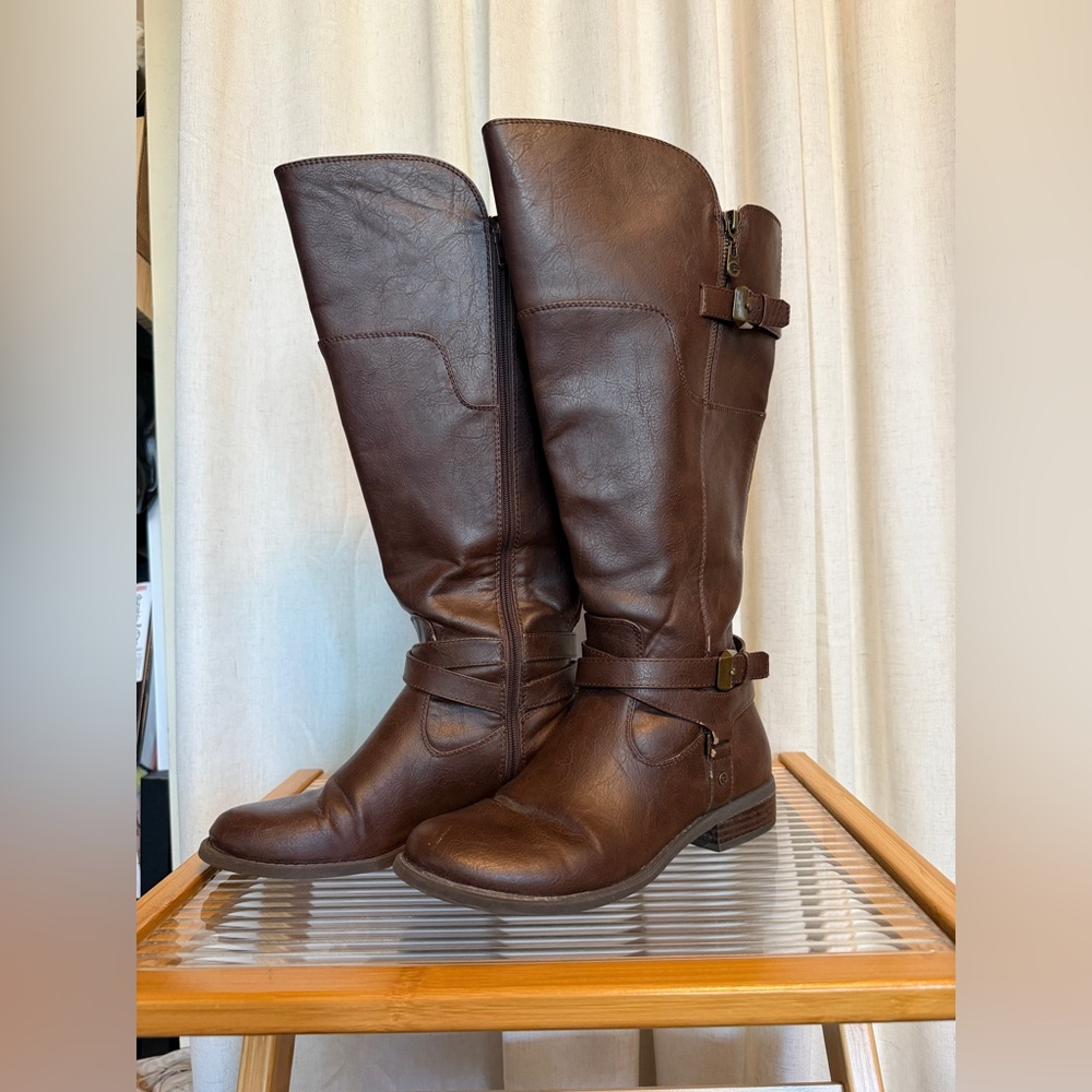 Brown, Faux-Leather, Wide-Calf (16”), Knee-High Boots Size 8 1/2